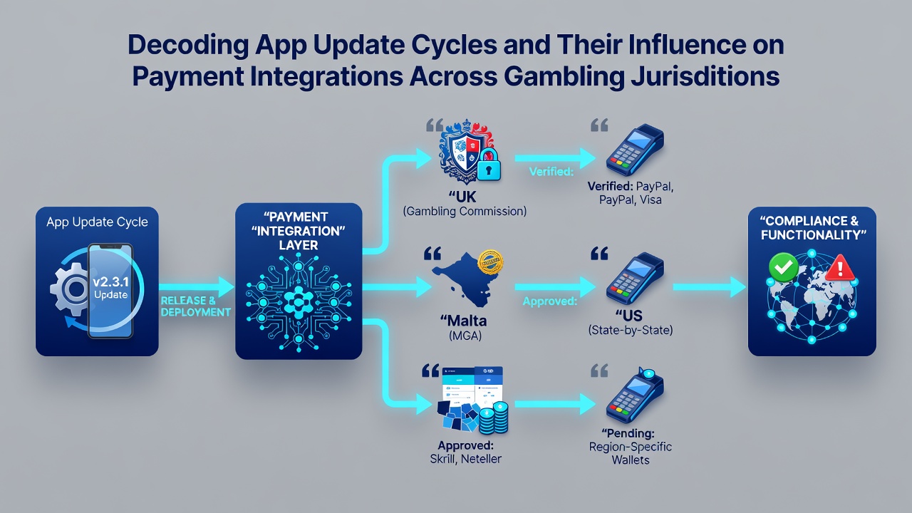 Illustration von Zahlungsintegrationen in Apps über verschiedene Glücksspieljurisdiktionen hinweg