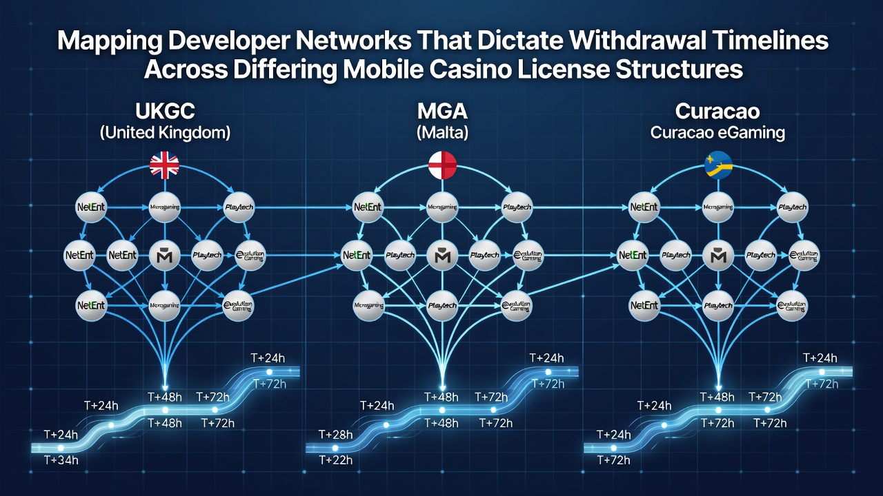 Netzwerkdiagramm von Spieleentwicklern und Lizenzbehörden in mobilen Casinos