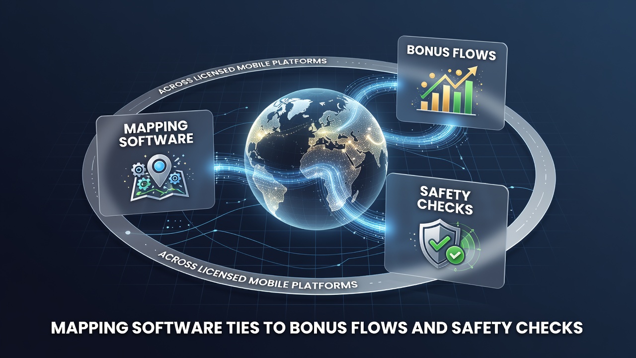 Darstellung von Software-Verknüpfungen zwischen Bonusflüssen und Sicherheitschecks in mobilen Casinos