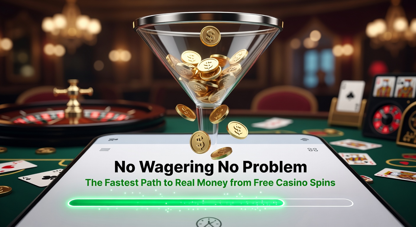 Grafik mit drehenden Casino-Slots und Geldsymbolen, die No-Wagering-Boni illustrieren