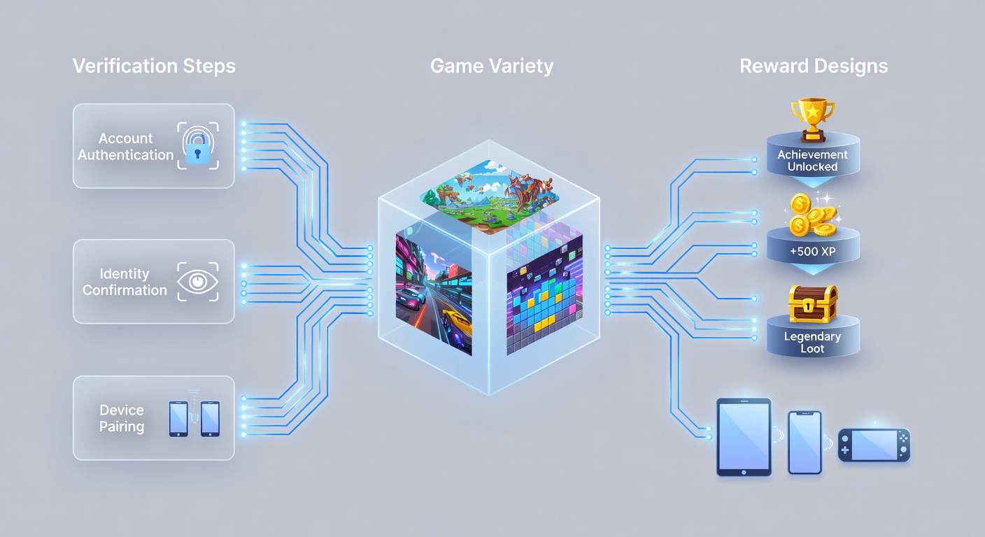 Illustration von Verifizierungsprozessen und mobilen Spielplattformen mit Fokus auf Sicherheit und Vielfalt